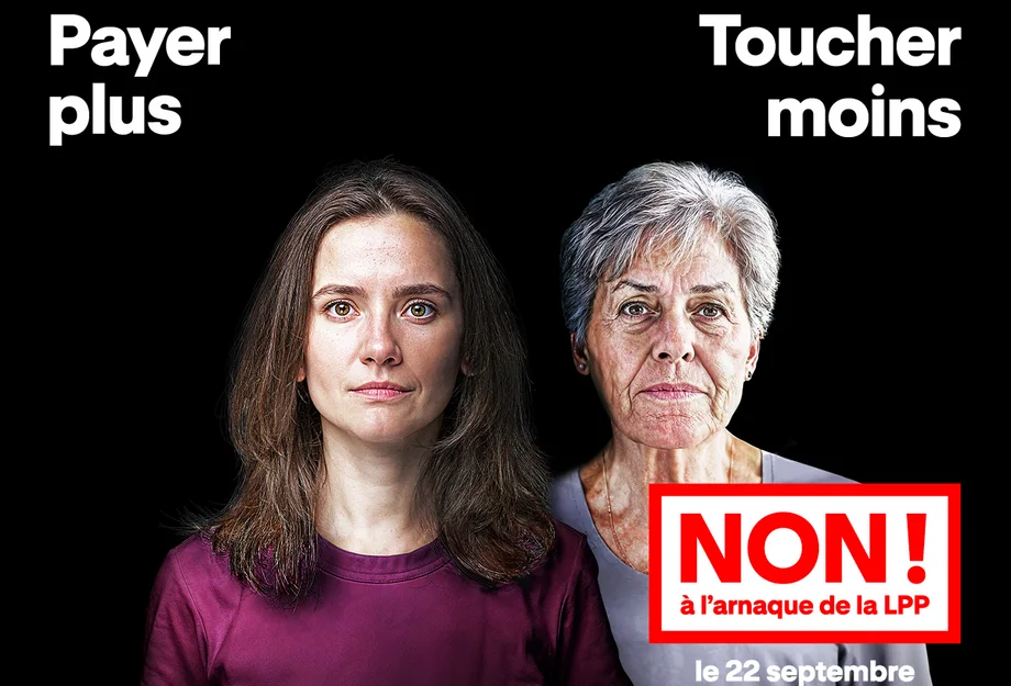 NON à l'arnaque de la LPP Deux femmes qui disent : Payer plus, toucher moins ? Non à l'arnaque de la LPP
