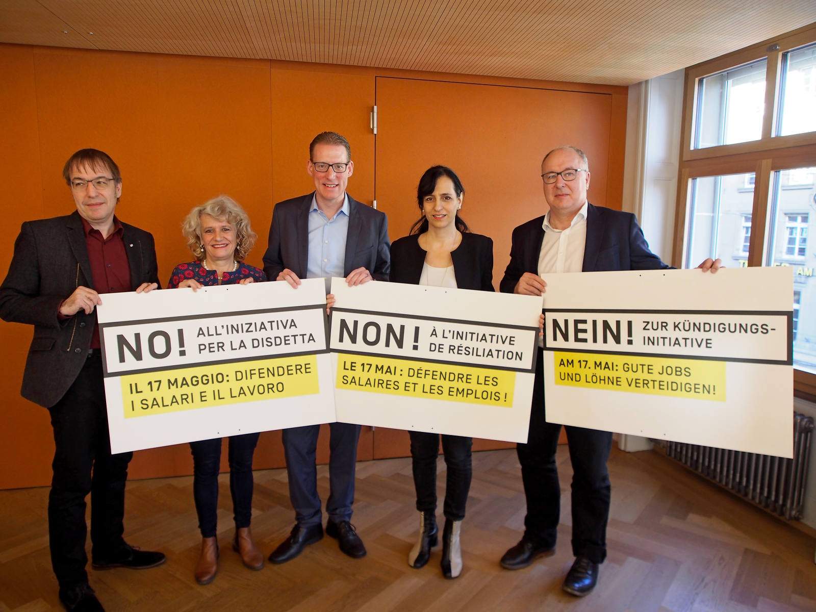 Conference de presse pour la campagne contre l'initiative de résiliation Arno Kerst, Katharina Prelicz-Huber, Adrian Wüthrich, Vania Alleva et Pierre-Yves Maillard