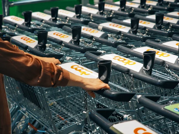 vente coop chariots de courses bras d'une cliente