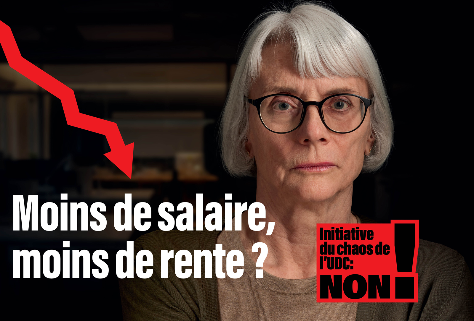 Une femme qui dit: Moins de salaire, moins de rente? Non à l'initiative du chaos de l'UDC