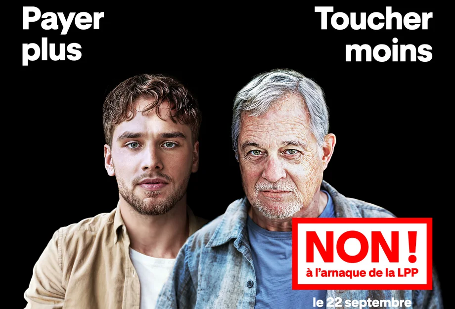NON à l'arnaque de la LPP Deux hommes qui disent : Payer plus, toucher moins ? Non à l'arnaque de la LPP