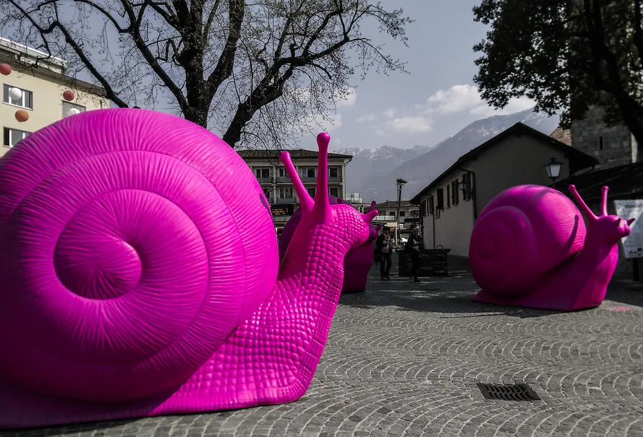 Crackingart à Locarno Escargots géant en rose vif